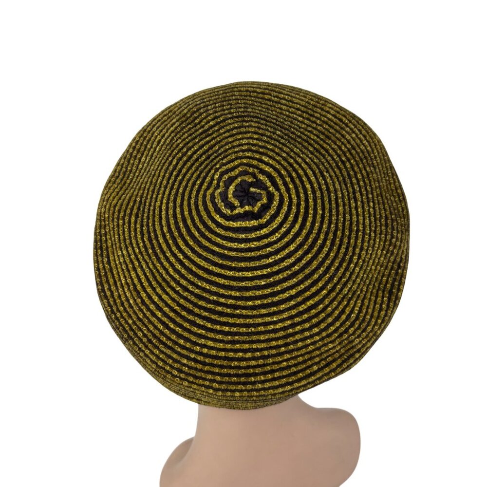 Vintage 50s Newsboy Hat Womens Striped Yellow Brown Knit Beret Cap - Picture 6 of 12